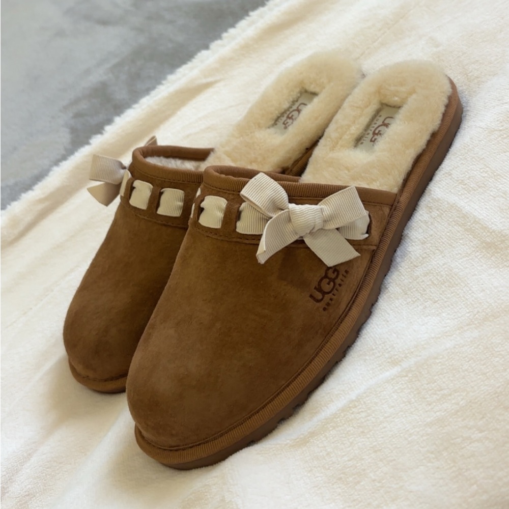 UGG Women's Tan Slippers with Ribbon Accent